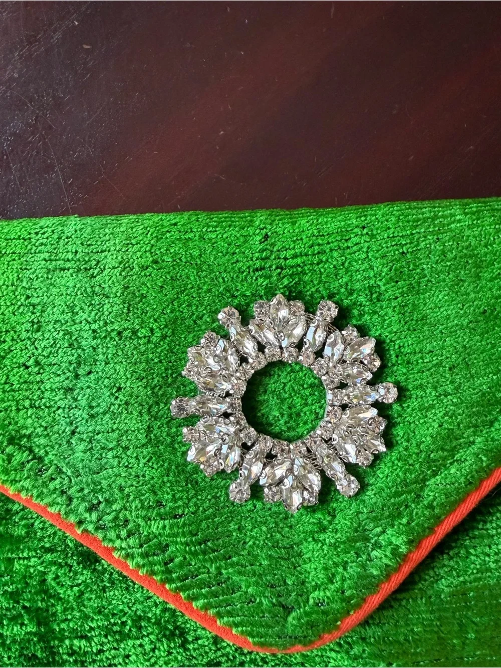 Bright Green Velvet Clutch with Rhinestone Medallion